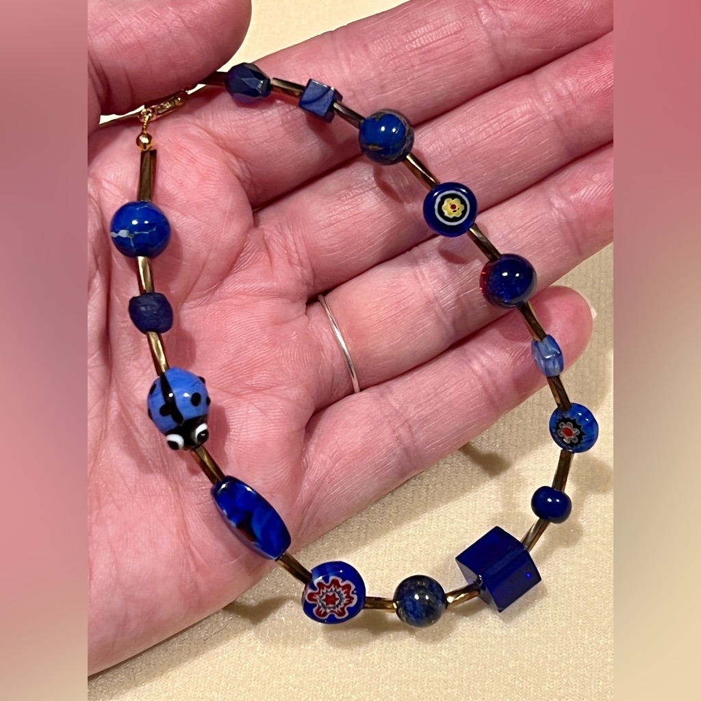 Adorable Blue Lamp Work Glass Lady Bug, Millefiori, Gemstone & Crystal Anklet